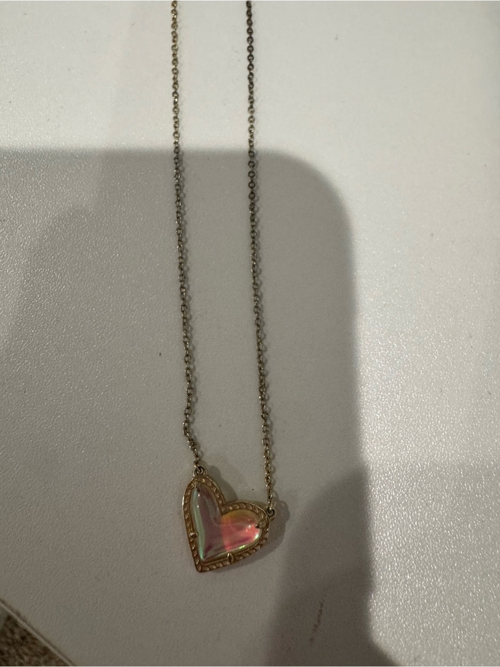 Gold Heart Pendant Necklace with Pink Opalescent Inlay
